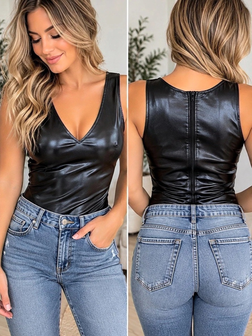 Lulus Black Faux Leather V-Neck Bodysuit Size XS